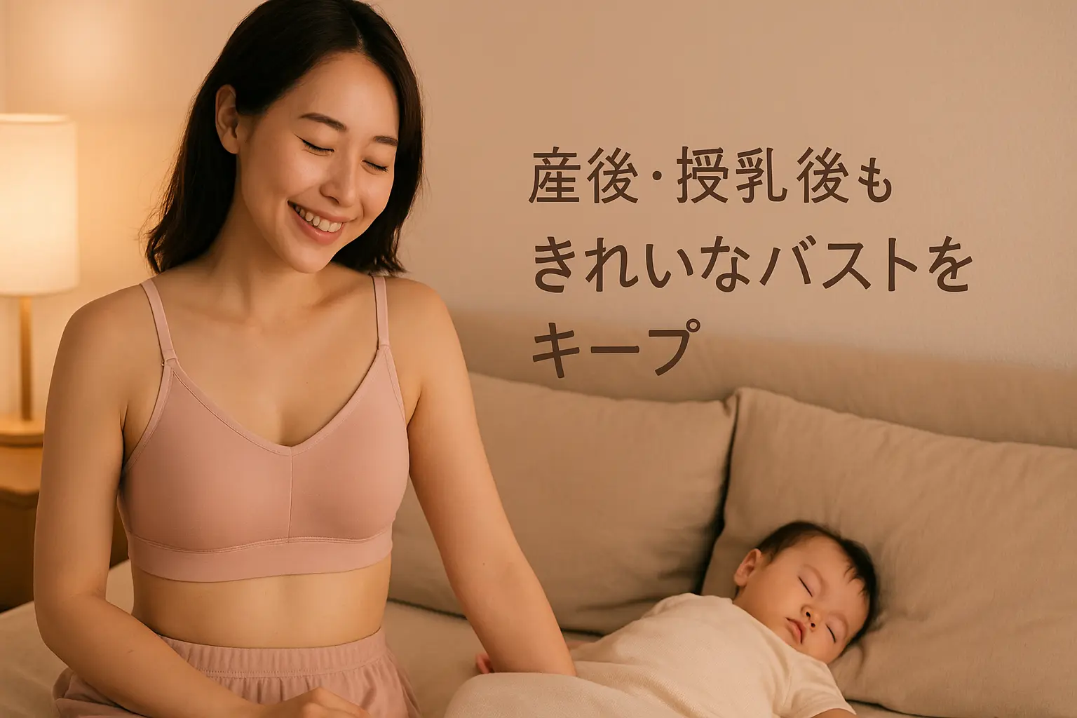 授乳後・産後ママにおすすめのナイトブラを着けてリラックスする女性